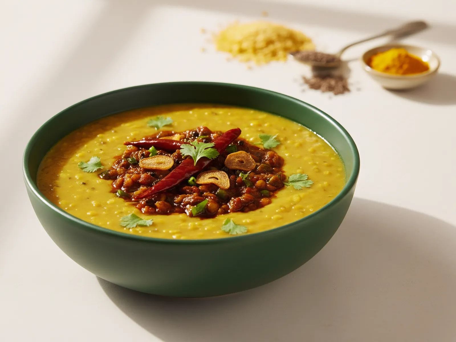 Dal Tadka in einer grünen Schale, obenauf die Tadka mit getrockneter Chili, Knoblauchscheiben und Koriander